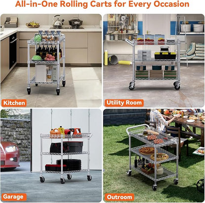 990Lbs Capacity Heavy Duty Rolling Utility Cart, NSF Rolling Carts with Wheels,Commercial Grade Metal Cart with Handle Bar & Shelf Liner,Trolley Serving Cart for Kitchen,Restaurant,Silver