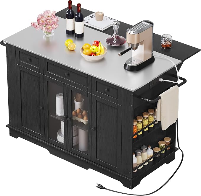 DWVO Kitchen Island with Stainless Steel Top & Power Outlet, 60 Inch Kitchen Island on Wheels with Drop Leaf, Large Rolling Mobile Center Islands w Storage Drawer Cabinet Counter Metal Top, Black
