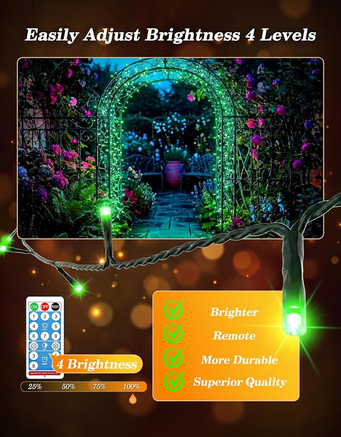 LitHome 2 Pack Solar String Lights Outdoor with Remote, Total 200LED 66FT | Solar Christmas Lights Outside Waterproof, 8 Modes String Light for Xmas Patio Garden Party Yard Tree Decor, Green