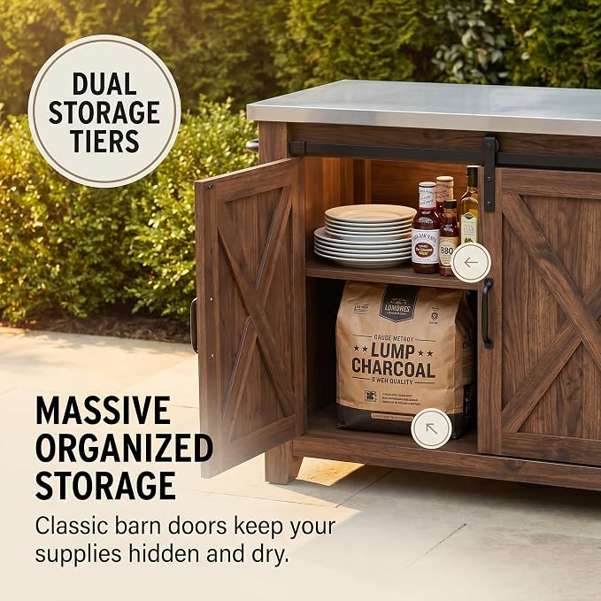 50" Outdoor Kitchen Island Grill Cart with 201 Stainless Steel Top, Solid Fir Wood, Modular Design, Internal Storage & Adjustable Shelves, 4 Lockable Wheels, 400LBS Capacity for Patio BBQ, Brown