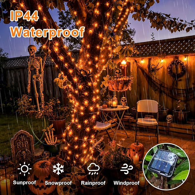 QITONG Solar Halloween Fairy Lights, 2 Pack Each 66ft 200 LED Orange Fairy Lights Outdoor with 8 Modes, Silver Wire Christmas Lights for Fall Thanksgiving Decor