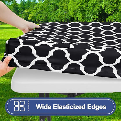Smiry Picnic Table Cover with Bench Covers, Waterproof Elastic Fitted Tablecloth for 8 Foot Tables, Washable Polyester Tablecloths for Camping, Indoor & Outdoor (Black, 30x96 Inch 3-pc Set)