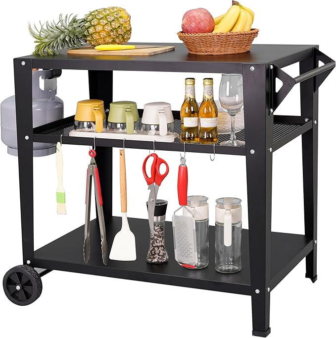 LEETOLLA Black Outdoor Grill Cart with Wheels, Heavy-Duty 3-Tier BBQ Prep Table for Pizza Oven, Griddle, Patio – Rustproof Commercial Kitchen Cart with Tool Hooks