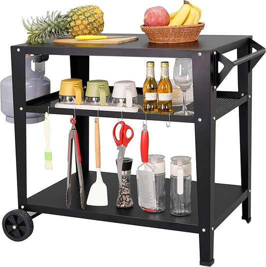 LEETOLLA Black Outdoor Grill Cart with Wheels, Heavy-Duty 3-Tier BBQ Prep Table for Pizza Oven, Griddle, Patio – Rustproof Commercial Kitchen Cart with Tool Hooks