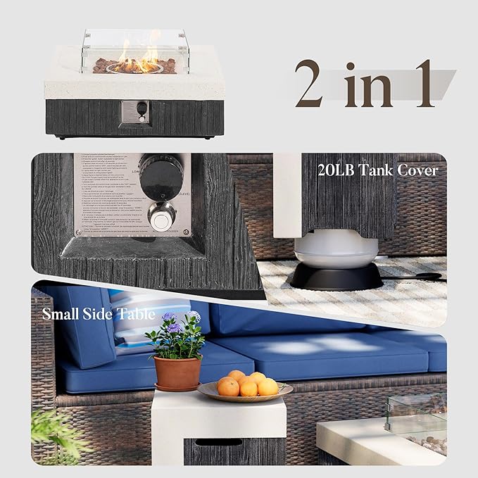 COSIEST 35" Outdoor Propane Fire Pit Table w Tank Cover & Wind Guard, Square Gas Fire Pit Table with Concrete & Wood Grain Design, 50000BTU Fire Tables for Patio, Backyard, Garden