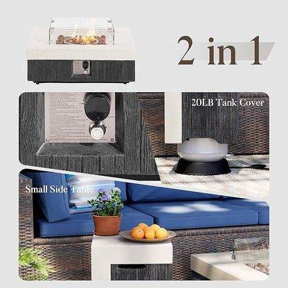 COSIEST 35" Outdoor Propane Fire Pit Table w Tank Cover & Wind Guard, Square Gas Fire Pit Table with Concrete & Wood Grain Design, 50000BTU Fire Tables for Patio, Backyard, Garden