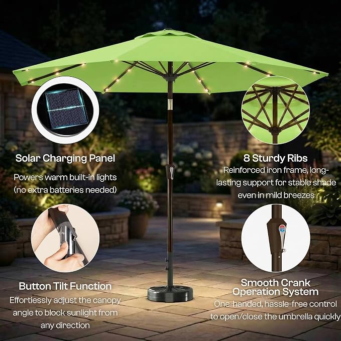 10FT Solar Lighted Patio Umbrella, Outdoor Table Market Umbrellas with Push Button Tilt and Crank, 32 LED Lights, 8 Sturdy Ribs, UV-Resistant for Deck, Garden, Pool