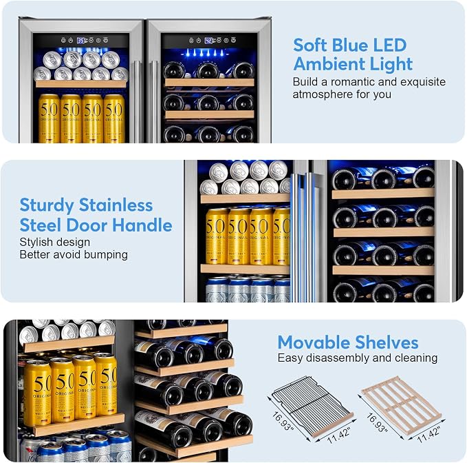30" Dual Zone Wine and Beverage Refrigerator, Under Counter or Freestanding | 29-Bottle 110-Can capacity, Fast cooling, Ideal for home bar office, Adjustable shelves, Temperature memory, LED display