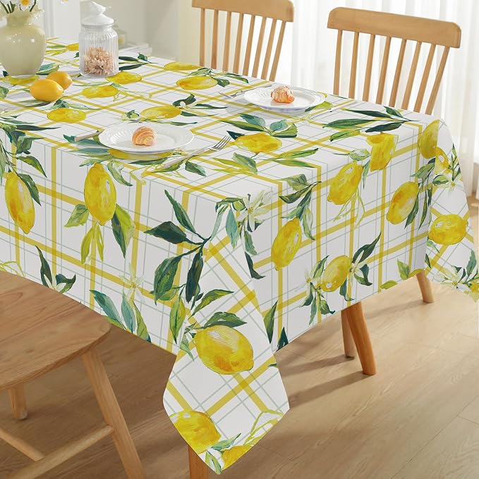 SASTYBALE Summer Lemon Tablecloth, Yellow Buffalo Plaid, 52" x 70" | Rectangle, Washable, Water Resistant, Vintage Pattern, Indoor & Outdoor Use