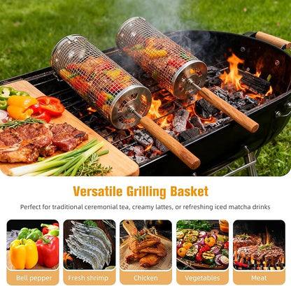Rolling Grill Baskets (2PCS), Stainless Steel Grill Basket,Dishwasher Safe BBQ Grill Accessories Portable Grill Baskets for Outdoor Grill for Fish, Shrimp,Meat,Vegetables,Fries Outdoor Cooking Camping