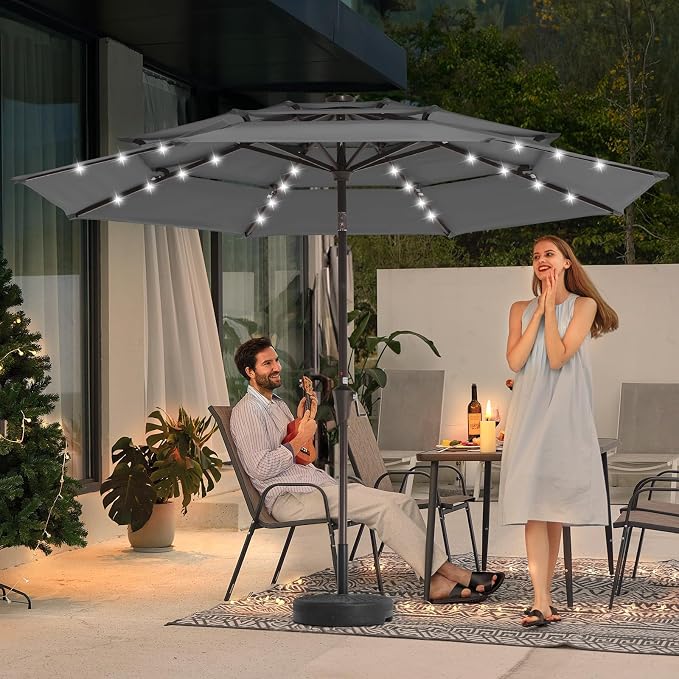 JEAREY 9 ft 3-Tier Outdoor LED Lighted Patio Umbrella w/Crank, Gray | Solar Market Table Umbrella with 8 Sturdy Ribs, UV Protection Waterproof Sunproof for Garden, Deck and Backyard