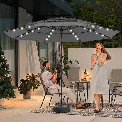 JEAREY 9 ft 3-Tier Outdoor LED Lighted Patio Umbrella w/Crank, Gray | Solar Market Table Umbrella with 8 Sturdy Ribs, UV Protection Waterproof Sunproof for Garden, Deck and Backyard