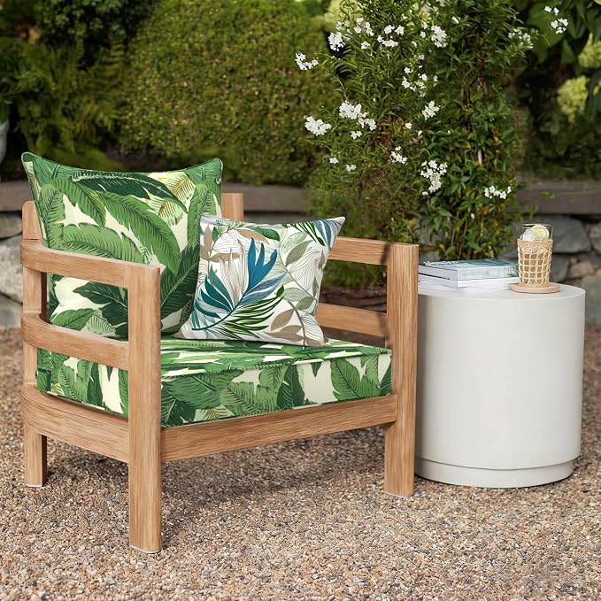 DYTXIII Outdoor Deep Seat Cushion Set, Water Repellent 24"x24" Patio Thick Cushions Replacement with Seat & Back Pillow for Patio Sofa, Wicker Chair, Couch - Swaying Palms Green