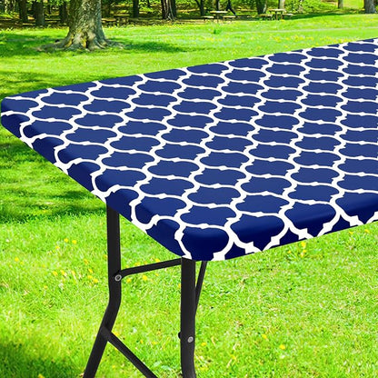 Smiry Picnic Fitted Table Cover, 5 Foot Flannel Backed Vinyl Tablecloth | Waterproof Elastic Stretch Table Cloth, Wipeable Plastic Tablecloth for Camping, Indoor & Outdoor (Navy, 36" x 60")