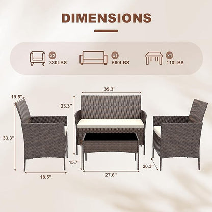 4-Piece Patio Furniture Set, Outdoor Wicker Conversation Set with Tempered Glass Coffee Table, Heavy Duty PE Rattan Sectional Sofa & Washable Cushions for Backyard, Deck, Poolside (Brown Rattan/Beige)