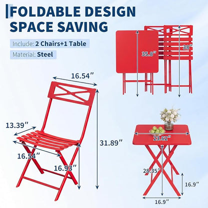 Garvee 3PCS Bistro Set, Folding Patio Furniture Set w/ 2 Chairs,Solid Steel | Foldable space-saving bistro set, fully pre-assembled for instant use. Powder-coated weatherproof steel frame. Easy-clean