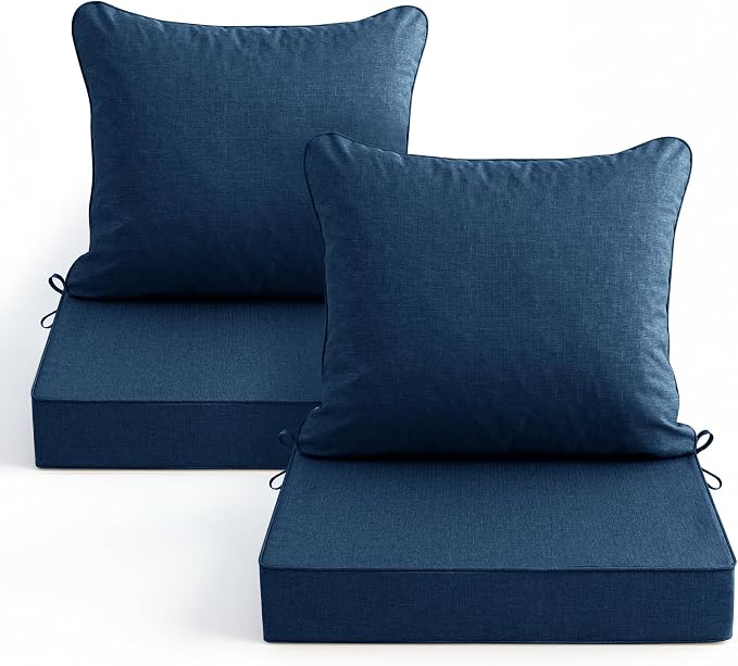 Summsun Outdoor Chair Cushions, Faux Linen Backrest and Deep Seat Cushion Set for Patio Furniture with Weather Resistant Removable Cover, Ties, Non-Slip Bottom, 22 x 22 Inch, Navy, Set of 2