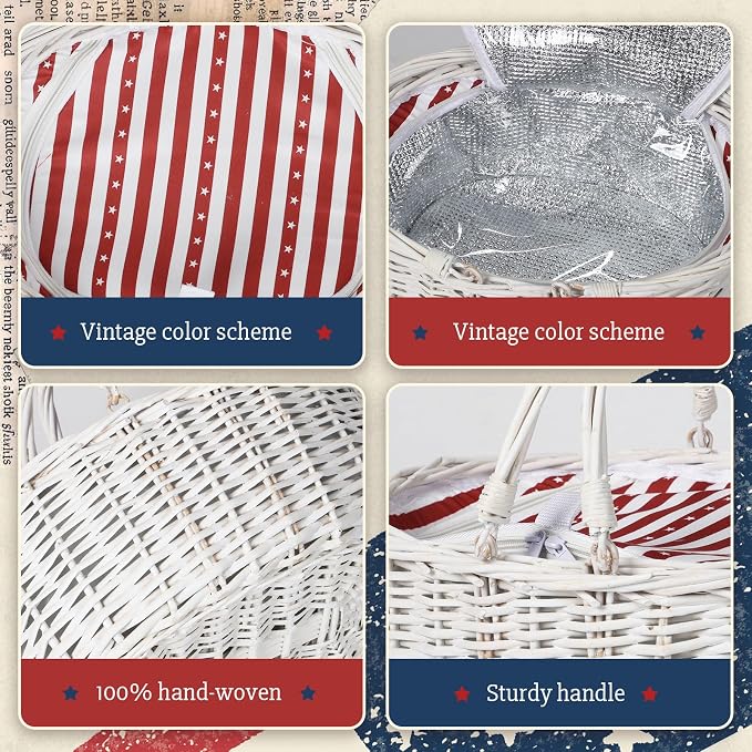 Wicker Picnic Basket 15"x11"x7" Insulated Liner Red White Stars | Insulated Zip Liner Helps Keep Drinks and Snacks Cool, Sturdy Woven Basket Suits Parks, Camping, Holidays and Gift Giving