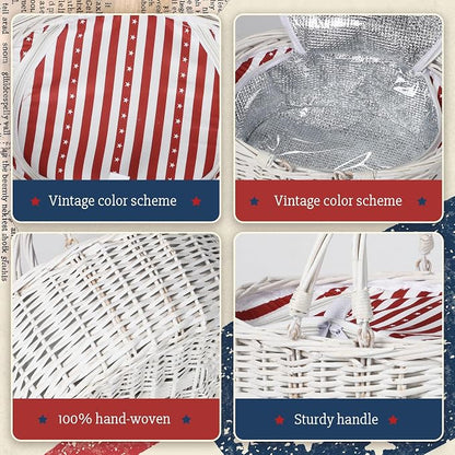 Wicker Picnic Basket 15"x11"x7" Insulated Liner Red White Stars | Insulated Zip Liner Helps Keep Drinks and Snacks Cool, Sturdy Woven Basket Suits Parks, Camping, Holidays and Gift Giving