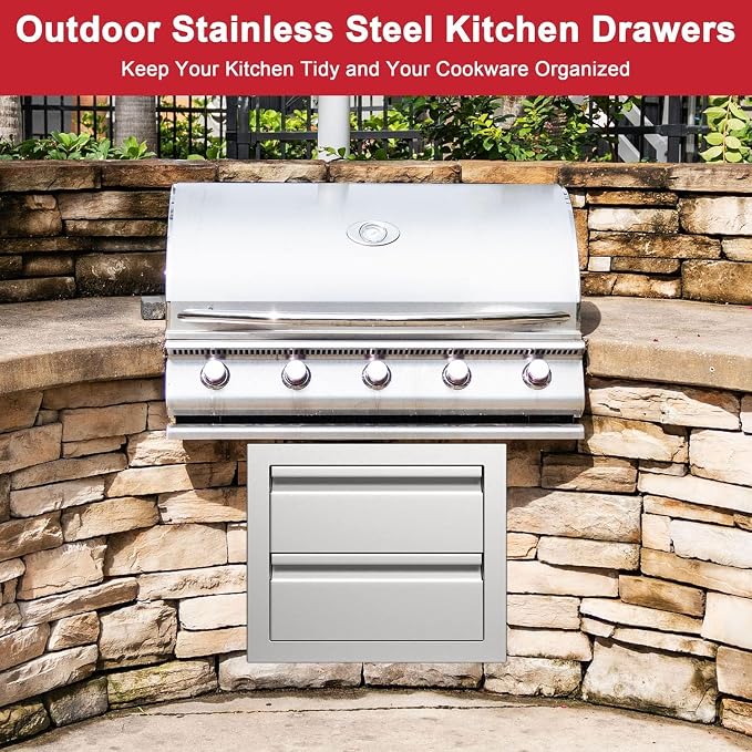 18" W x 23" D x 15" H Outdoor Double Kitchen Drawers, Stainless Steel Kitchen Grill Cabinet Combo Flush for BBQ Island Patio and Grill Station