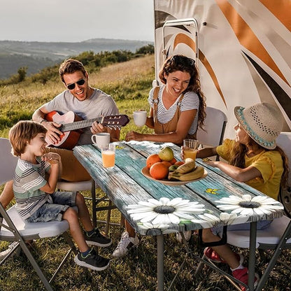 Daisy Flowers Picnic Table Cover with Bench Covers and Bag, Camping Essentials, Wooden Grain Waterproof Windproof, Fitted Tablecloth Cover with Elastic Edge, for Indoor & Outdoor, 3 PCS, 30x96 Inch