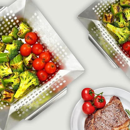 Anveena Grill Baskets 3 Pack Stainless Steel Grilling Basket for Indoor and Outdoor Use, Heavy Duty Vegetables Grill Basket for Veggies and Kabob, Suitable for All Grills, Dishwasher Safe