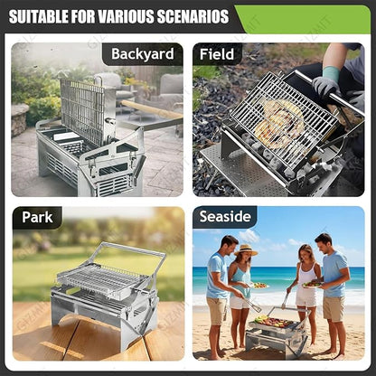 Flip Grill for BBQ, 360° Rotating Barbecue Grill, Stainless Steel Flipping Barbecue Grills, Grill Outdoor, Detachable Portable Charcoal Barbecue Grill for Picnic Yard Party