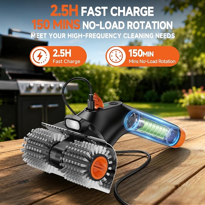 Electric Grill Brush, Ultra-High 80W Power Dual-Head Cordless Rechargeable Grill Cleaner with 2.5H Fast Charge, Heat-Resistant, Waterproof, Anti-Splatter, Ergonomic Design BBQ Grill Brush.