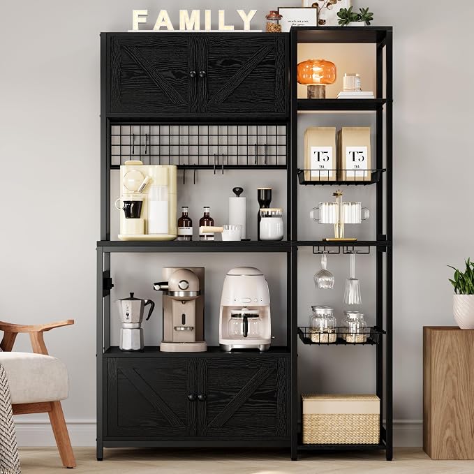IRONCK Bakers Rack with Cabinet and Power Outlet, Coffee Bar, Vintage Black | Built-In Power Outlet. 45.3-inch countertop fits microwaves. 2 Cabinets, open shelves, hooks, P2 MDF. Anti-tip.
