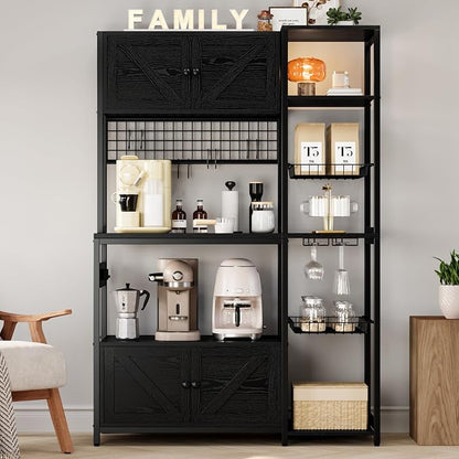 IRONCK Bakers Rack with Cabinet and Power Outlet, Coffee Bar, Vintage Black | Built-In Power Outlet. 45.3-inch countertop fits microwaves. 2 Cabinets, open shelves, hooks, P2 MDF. Anti-tip.