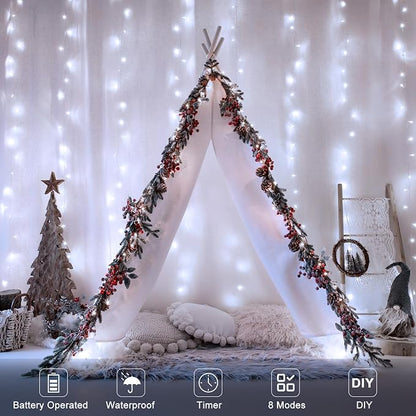 echosari Curtain Lights Battery Operated, 9.8Ft x 9.8ft 300 LED Curtain String Light with Remote Timer 8 Modes Hanging Lights for Wedding Party Home Garden Wall Decor (Cool White) (Pack of 4)