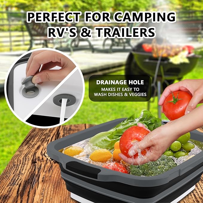 XL Collapsible BBQ Prep Tub with Lid (4.22 Gal / 16L) – Foldable Cutting Board Basin, Camping Sink & Food Storage Bin, Multipurpose Dish Tub for Meat, Fruit, Vegetables – Black