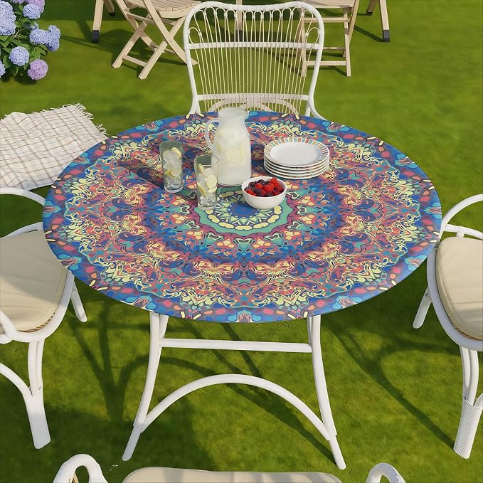 opstellen Round Tablecloth Waterproof Boho Fitted Vinyl Table Cloth Summer Fall Outdoor Circle Cover for 36-44" Tables Kitchen Dining Apartment Essentials Camping Picnic Party Decor Housewarming Gifts