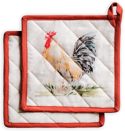 Maison d' Hermine Pot Holders 100% Cotton Heat Resistant Potholders 8" x 8" Hot Pads with Loop BBQ Cooking Baking Hotel Farmhouse Kitchen Handling Hot Pans Spring Summer (Pack of 2, Campagne)