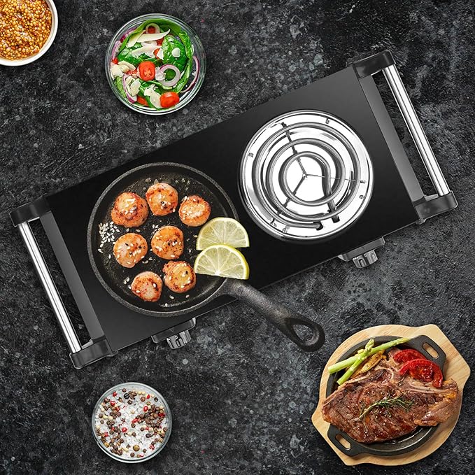 2000W Hot Plate,Portable Electric Stove Countertop Double Coil Burners W/5 Level Temperature Control & Stay Cool Handles, Easy to Clean, Lightweight Cast Iron Electric Stove for RV/Home/Camp 110V