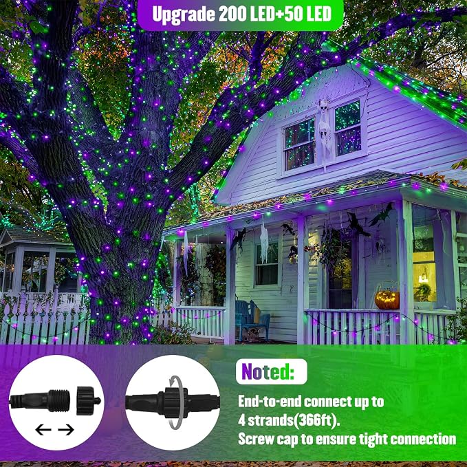 JMEXSUSS 250 LED Halloween Lights Plug in, Purple and Green String Light | Connectable, Durable, Indoor/Outdoor, Waterproof, 8 Modes, Timer, for Halloween Tree Party Garden Patio Decorations