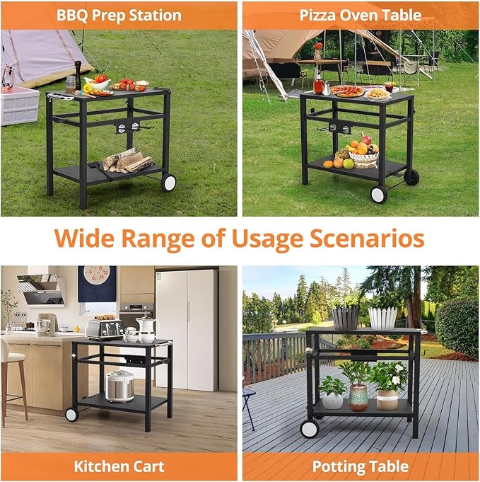 Outdoor BBQ Table Removable BBQ Prep Table with Wheels, Hooks and Side Handles Double Shelf Outdoor Food Cart for Kitchen, Camping, Bar and Terrace