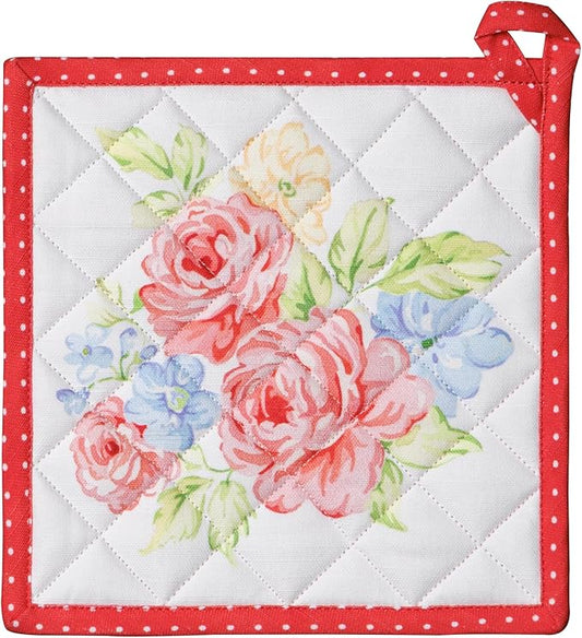 Maison d' Hermine Pot Holders 100% Cotton Heat Resistant Potholders 8" x 8" Hot Pads with Loop BBQ Cooking Baking Hotel Farmhouse Kitchen Handling Hot Pans Spring Summer (Pack of 1, Vintage Floral)
