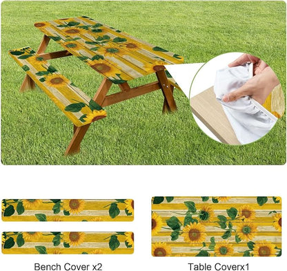 FOREVER QUEEN Picnic Table Cover with Bench Covers – Waterproof Elastic Fitted Tablecloth for 6 Foot Rectangle Tables, 3PCS Set with Drawstring Bag for Camping RV Outdoor Travel (Spring Sunflowers)