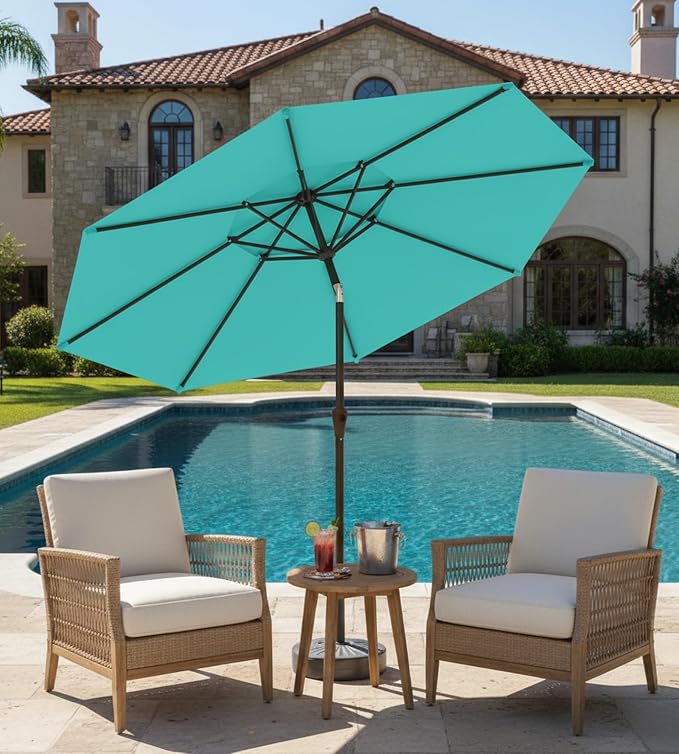 9FT Auto-Tilt Patio Umbrella|Outdoor Market Table Umbrella with 8 Fiberglass Ribs for Pool,Deck&Backyard
