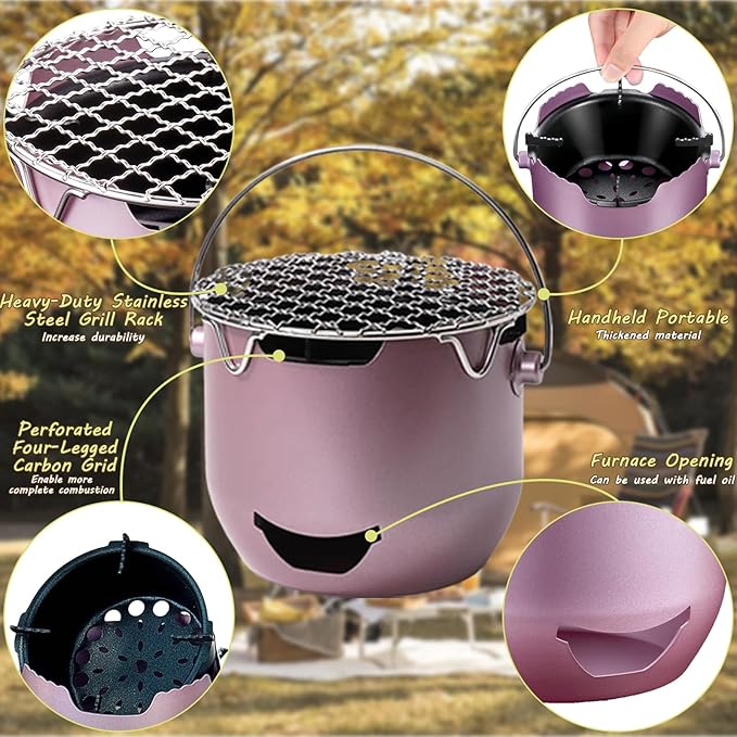 Portable Charcoal Grills, Mini Charcoal BBQ Grill Stainless Steel, Small Outdoor Cooking Grill for Camping, Grilling Backyard, RV, Picnic (Purple)