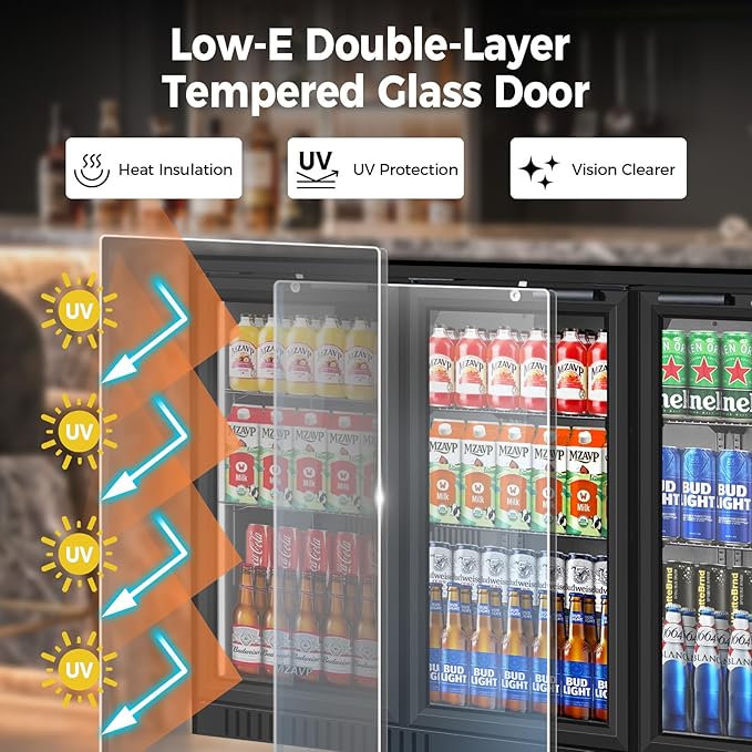 Back Bar Cooler with 3 Glass Door, 11.2 Cu.Ft Commercial Beverage Fridge, Under Counter Display Refrigerator with Safety Lock for Beer, Soda, Wine, Built-In/Freestanding for Bar Store Restaurant