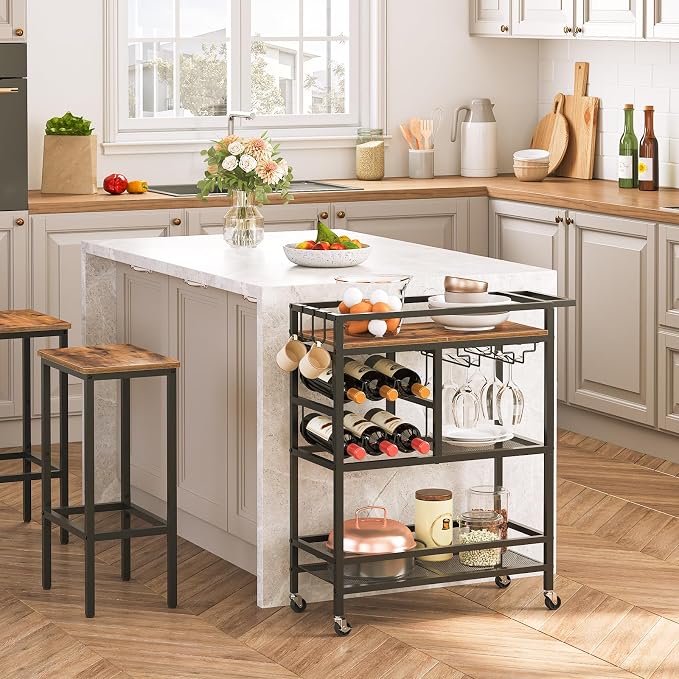 MAHANCRIS Bar Cart for Home, 3-Tier Serving Cart with Wheels and Handle, Beverage Cart with Wine Rack and Glass Holders, Rolling Wine Cart for Kitchen, Dining Room, Rustic Brown RCHR6101
