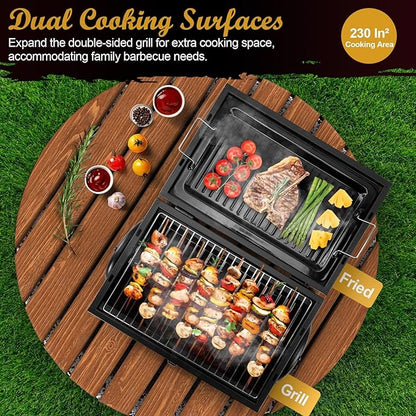 Portable Charcoal Grill (2 IN 1 Double-Sided) & Charcoal Chimney Starter with Clamp Set, Joyfair Small Tabletop Barbecue Grill with Food Tray & Rack, BBQ Grill Fire Starter for Outdoor Camping