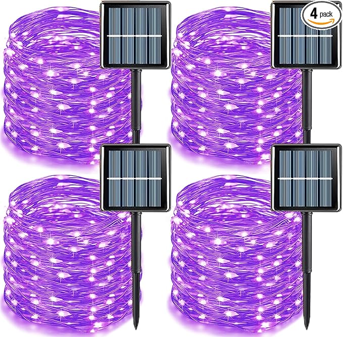 YEGUO 4 Pack Purple Solar Fairy Lights, Each 33ft 100 LED Christmas Lights Outdoor Waterproof, 8 Modes Sliver Wire Solar String Lights
