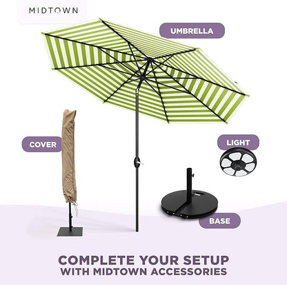 Midtown Umbrellas - 10-Year-No-Fade 9 Ft Patio Umbrella with Terylast Fabric, Auto-Tilt Aluminum Frame and 8 Reinforced Ribs for Deck, Pool, Garden & Beach - Green/White Stripes Canopy, Black Pole