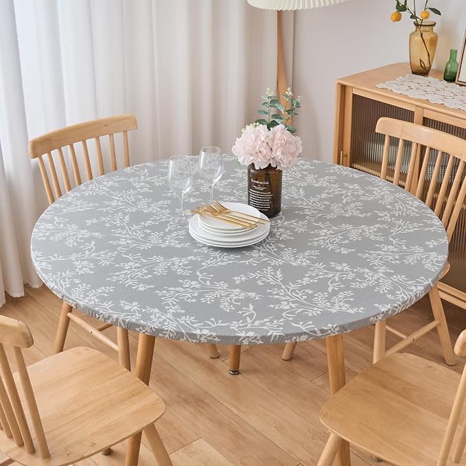 LIBERECOO Round Fitted Tablecloth with Elastic, Flannel Backed Vinyl Tablecloths for 40" - 44" Tables, Waterproof Wipeable Reusable Plastic Table Cloth for Indoor & Outdoor, Urban Fog