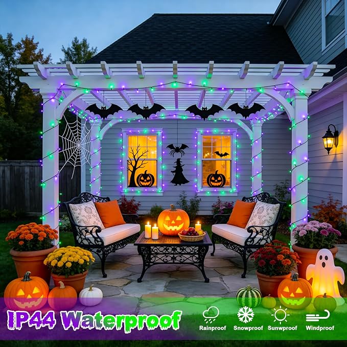 JMEXSUSS 500 LED Purple and Green Halloween Lights | 173ft Halloween String Lights Outdoor Waterproof, 8 Modes Christmas Lights Plug in for Party House Halloween Decor
