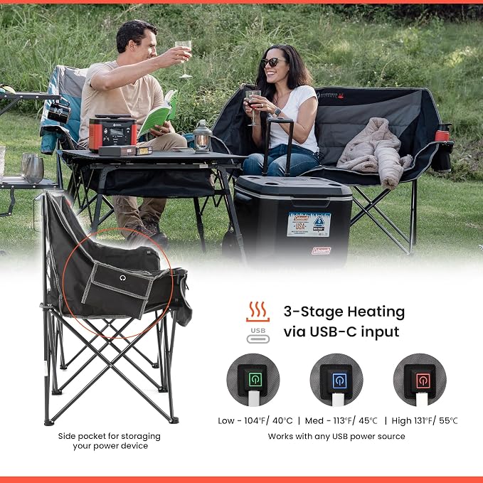 ARROWHEAD OUTDOOR Wide Duo Foldable Heated Camping Loveseat Chair, Black | 57 in, 3-Stage Heating, Large Cup Holders, Glass Holders, Side Pockets, and Storage Pouches, and Grey, Beach, Tailgating
