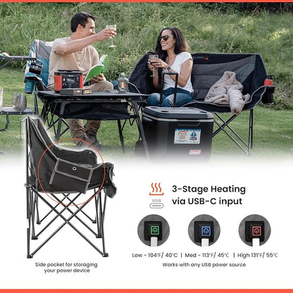 ARROWHEAD OUTDOOR Wide Duo Foldable Heated Camping Loveseat Chair, Black | 57 in, 3-Stage Heating, Large Cup Holders, Glass Holders, Side Pockets, and Storage Pouches, and Grey, Beach, Tailgating